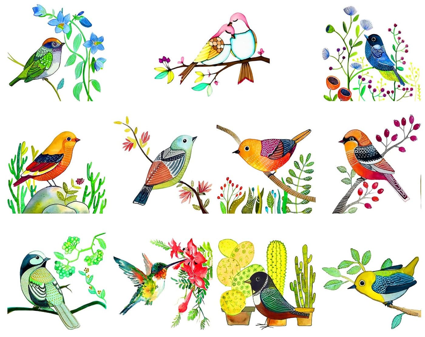 WallDesign Vinyl Birds and Branches Painting Art Sticker (Multicolor) - Set of 11-Self-Adhesive