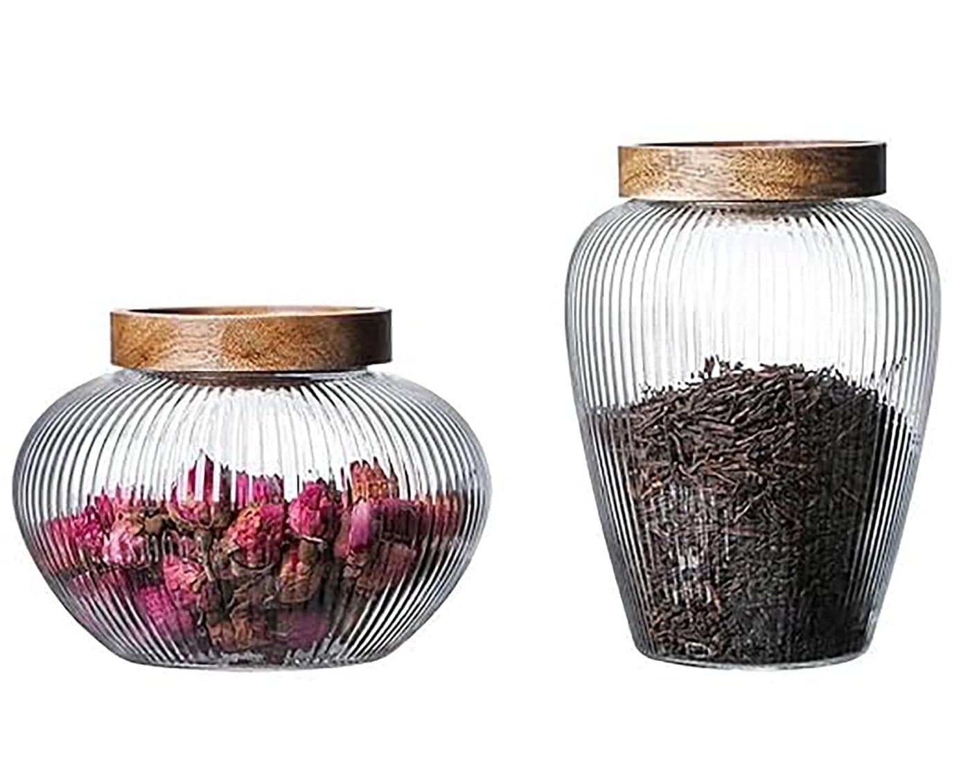 Krevia Food Storage Jar Container | Wood Lids With Glass Jars Vertical sealed Bottle Jar| Food Storage Tank Grains Suitable For Cookie Jar Clear Candy Tea Coffee Beans Set of 2(1100ML+ 950ML)