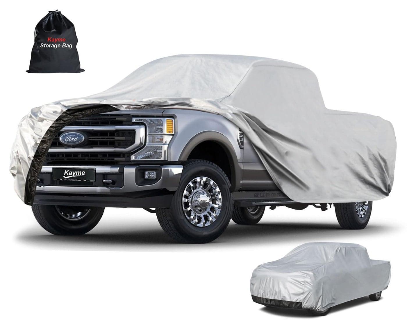Kayme Full Size Truck Cover Waterproof All Weather Heavy Duty Outdoor Large Pickup Cover Sun Rain Uv Protection Universal Fit Ford F250 F350 RAM 2500 3500Length Up to 262 inch XXXLSilver
