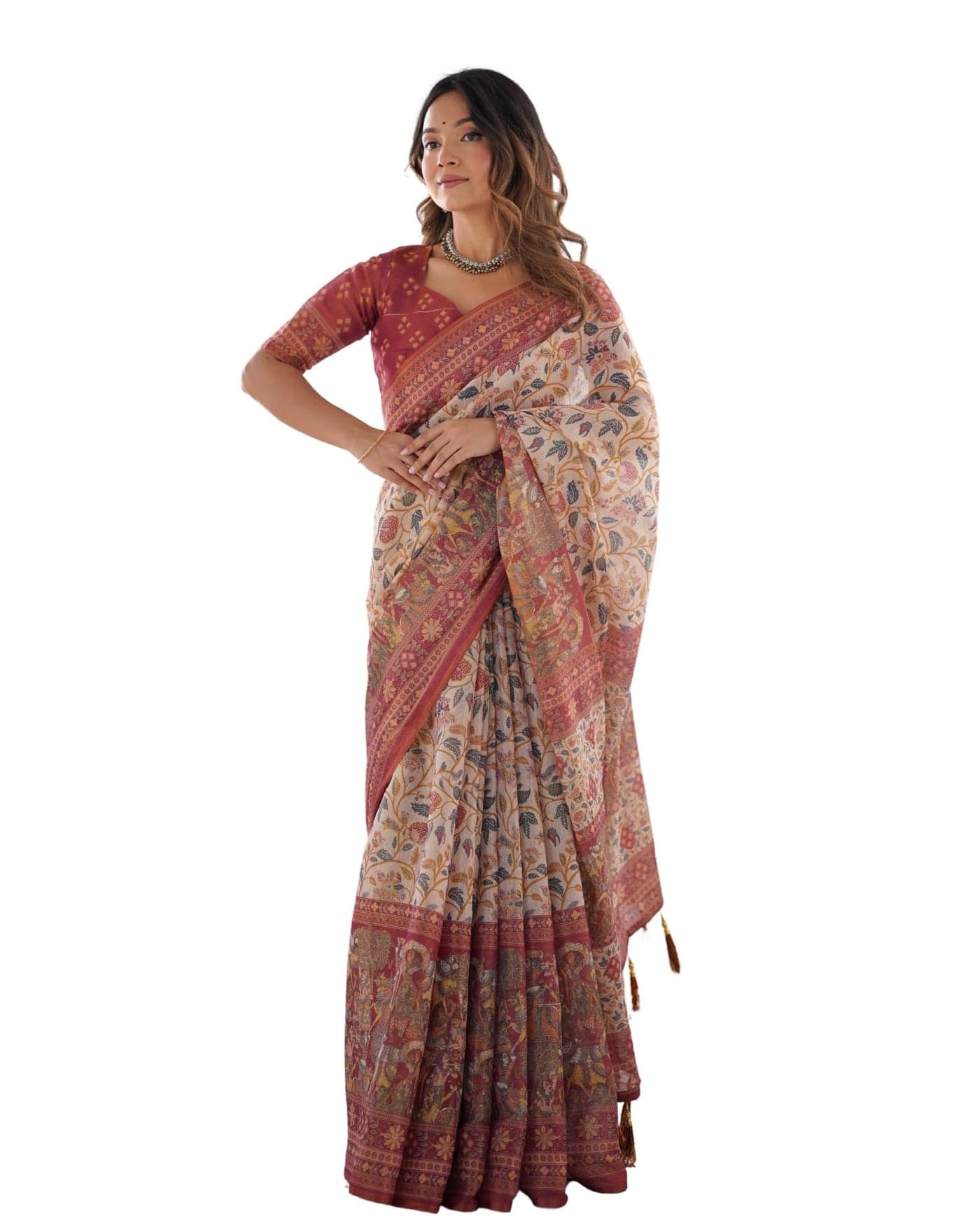 ALMAARI FASHION Women's Floral Printed Handloom Cotton Silk Saree with Zari Border and Tassel Pallu Unstitched Blouse Piece | Traditional Ethnic Wear Sarees | Saree blouse for women | Cocktail Sarees
