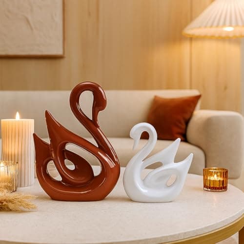SRJANA Lucky Swan Couple Piano Finish Ceramic Figures for Home Decor (Set of 2 Pc, Large, Brown & White)