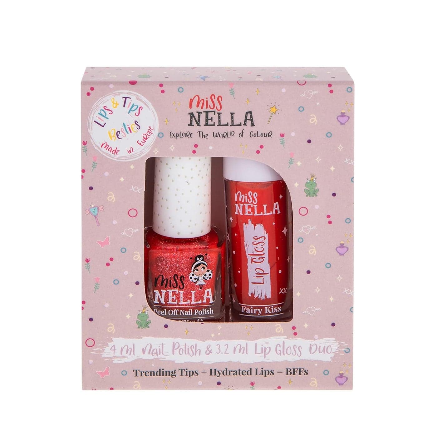 MISS NELLA Fairy Kiss Lips & Tips duo- Scented Lip Gloss + Glitter Nail Polish for Kids with Peel-off, Water Based & Odour Free Formula