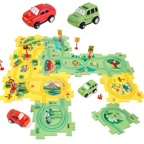 YOOYID Plastic Floor Puzzles for Kids Ages 35 with 2 Cute Vehicles Race Tracks for Kids 35 Puzzle Racer Kids Car Track Set Toys for 3 4 5 6 Year Old Boys Girls STEM Toys for Kids