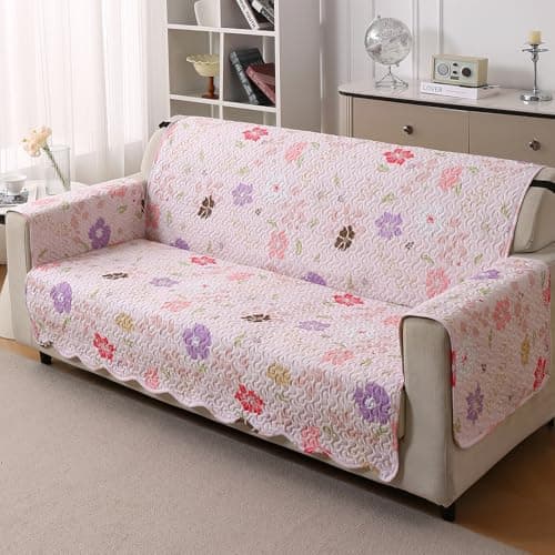 HOKIPO 'FloraWave Series' 3 Seater Quilted Printed Sofa Cover, Pastel Blossom Pink (AR-6263-D5)