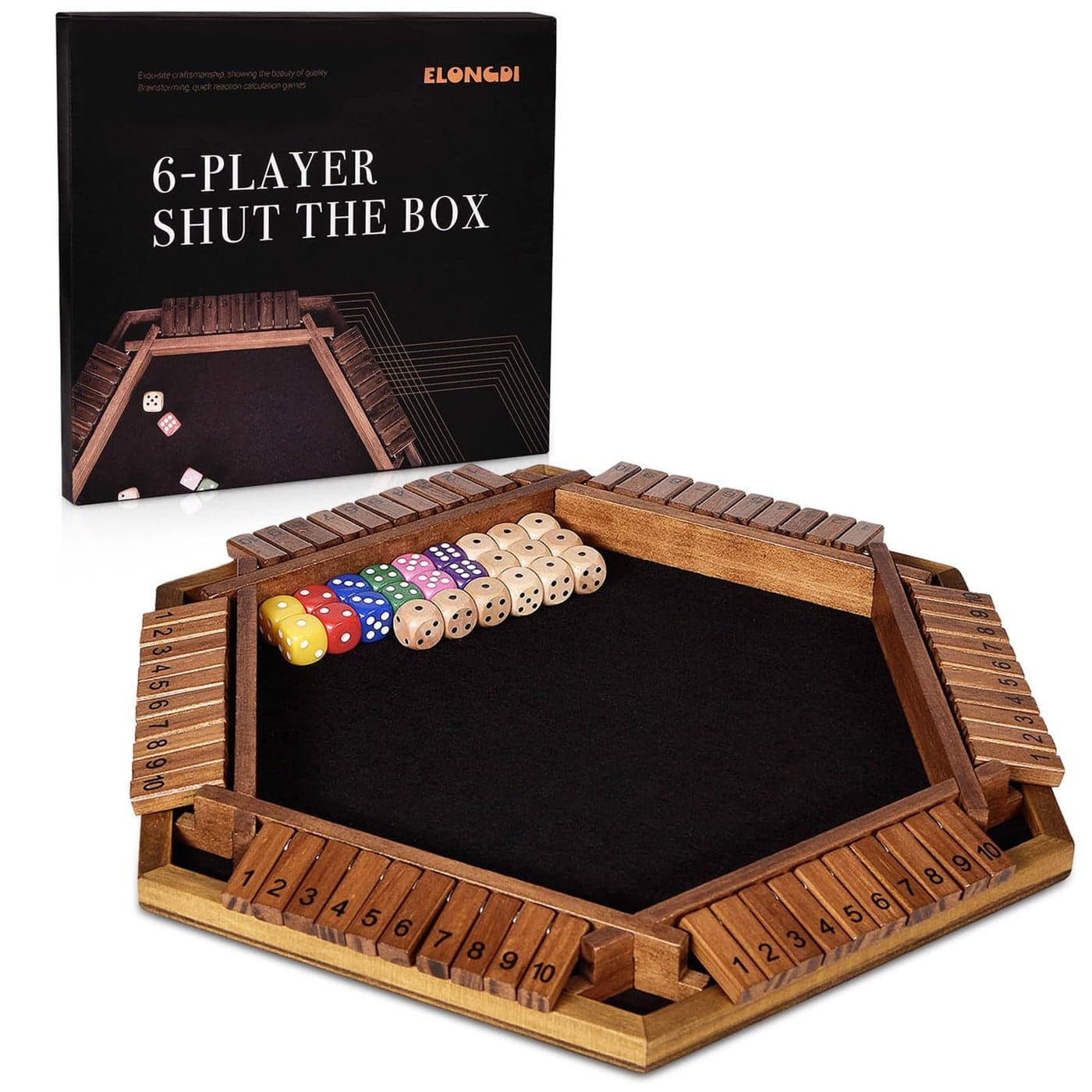 ELONGDI Upgraded 1-6 Player Shut The Box Dice Game with 12 Dice+Bonus Wooden 12 Dice, Classic Wooden Board Table Math Game for Adults,Kids/Tabletop Board Games for Classroom,Home,Party or Pub