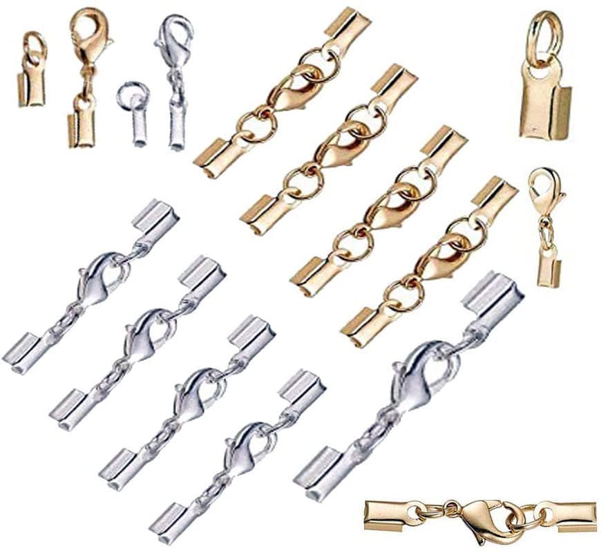 DIY Crafts 30 Sets, Antqiue Silver, 5-100 Sets Fold Over Cord End Caps Brass Lobster Claw Clasps Terminators Crimp End Tips Necklace Cor (30 Sets, Antqiue Silver)