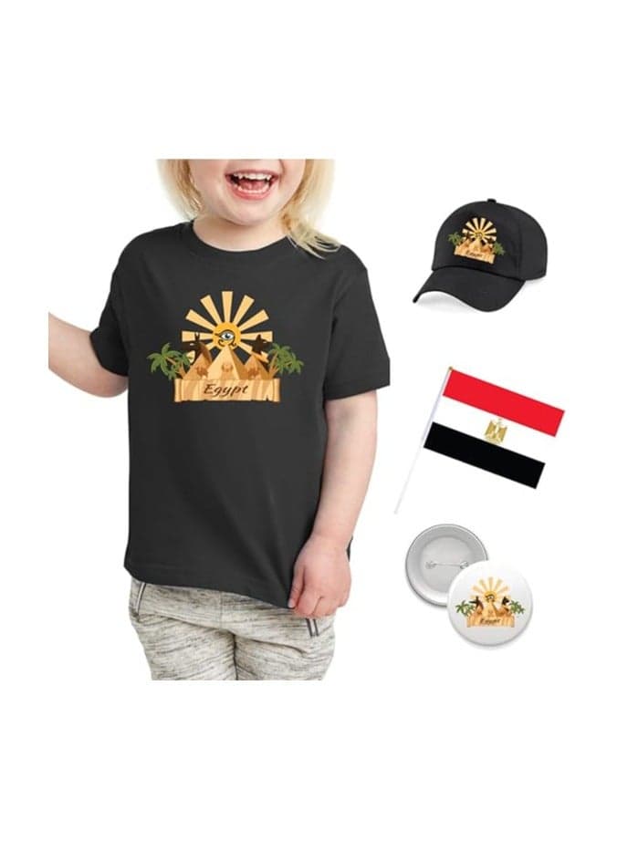 Egypt National Day Set For Girls-Includes Girl's T-Shirt,Cap,Badge And Flag-Perfect Outfit Set To Celebrate Egypt National Day With Combo Pack In Style — 5-6 YEAR