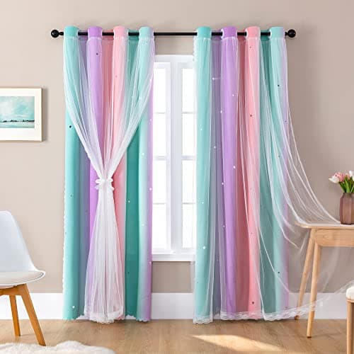 XiDi Dream Star Blackout Curtains for Kids Rooms Girl Princess Curtain for Daughter Bedroom Window (Pink Purple Green, W34 X L84)