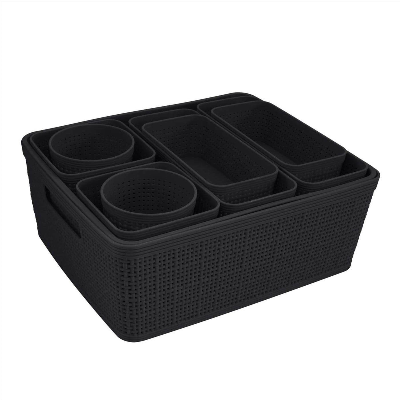 Simplify 10 Piece Organizing Set Multiple Size Bins Multipurpose Office Desk Dorm Bathroom Storage Basket Small Items Accessories Black