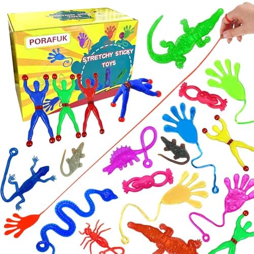 PORAFUK 46 Pieces Vinyl Stretchy Sticky Toys Assorted Novelty Large Sticky Hands Hammer Lizards Skull and Flying Frog for Children Kids Party Favors Birthdays