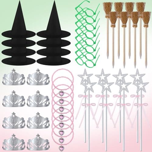 Shyyween 54 Pcs Witch and Princess Party Favors Witch Hats Princess Crowns Green Frame Broom Pencils Bow Silver Cane Pink Pearl Necklace Decoration for Party Supplies Dress up Costume Cosplay Gift