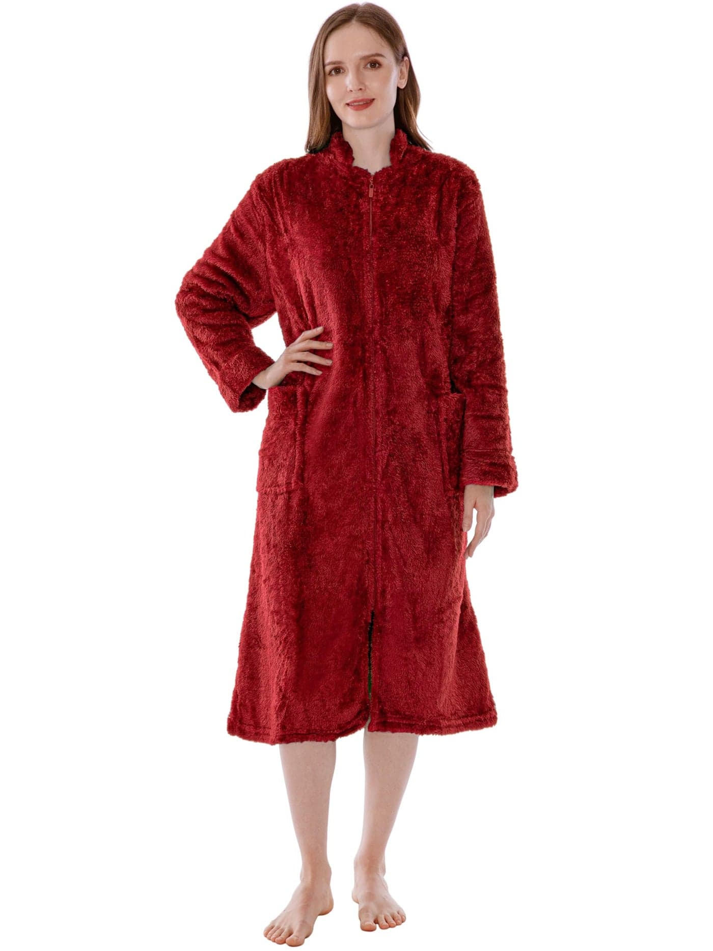 PAVILIA Womens Housecoat Zip Robe Sherpa Zip Up Front Robe Bathrobe Fuzzy Warm Zipper House Coat Lounger for Women Ladies Elderly with Pockets Fluffy Fleece Long Wine Red LargeXLarge