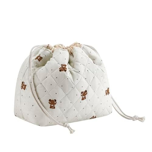 Cotton Quilted Drawstring Makeup Bag with Canvas LiningCoquette Aesthetic Cute Travel Toiletry BagDrawstring Gift Bag for Women and Girls15Dot Bear