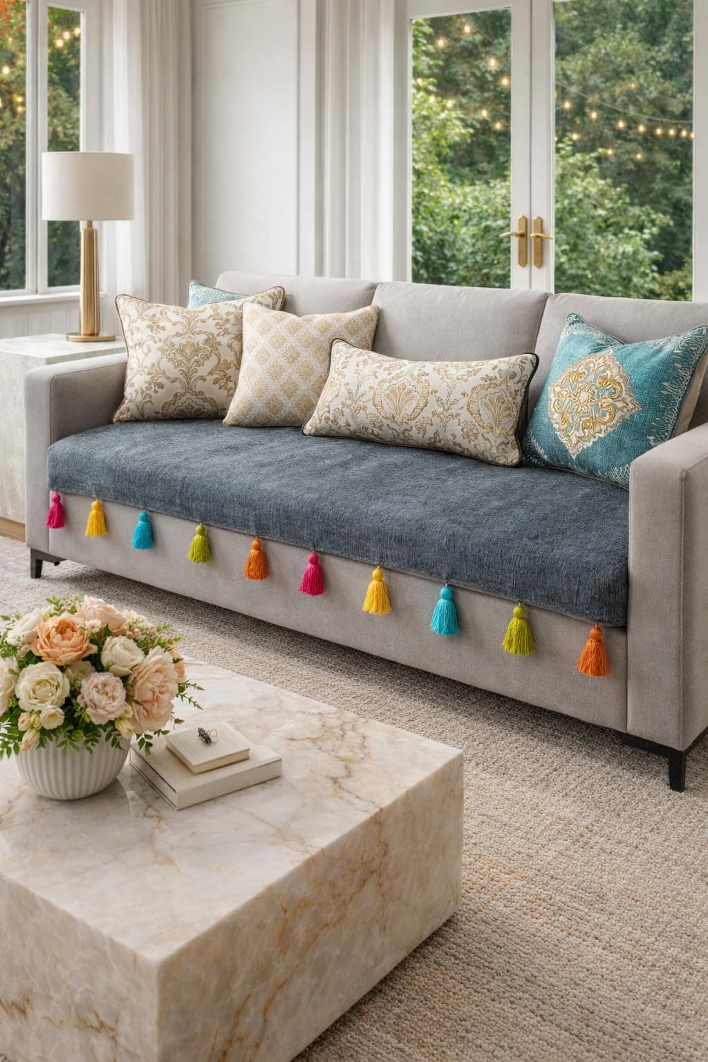 WWW.THROWPILLOW.IN Dark Grey with Multicolored Tassels Three Seater Anti-Slip Tassel Sofa Cover 3 Seater- Heavy-Duty, Dust Proof & Scratch-Resistant-Sofa Seat Cover 3 Seater, Size: 65 x 170 CMS