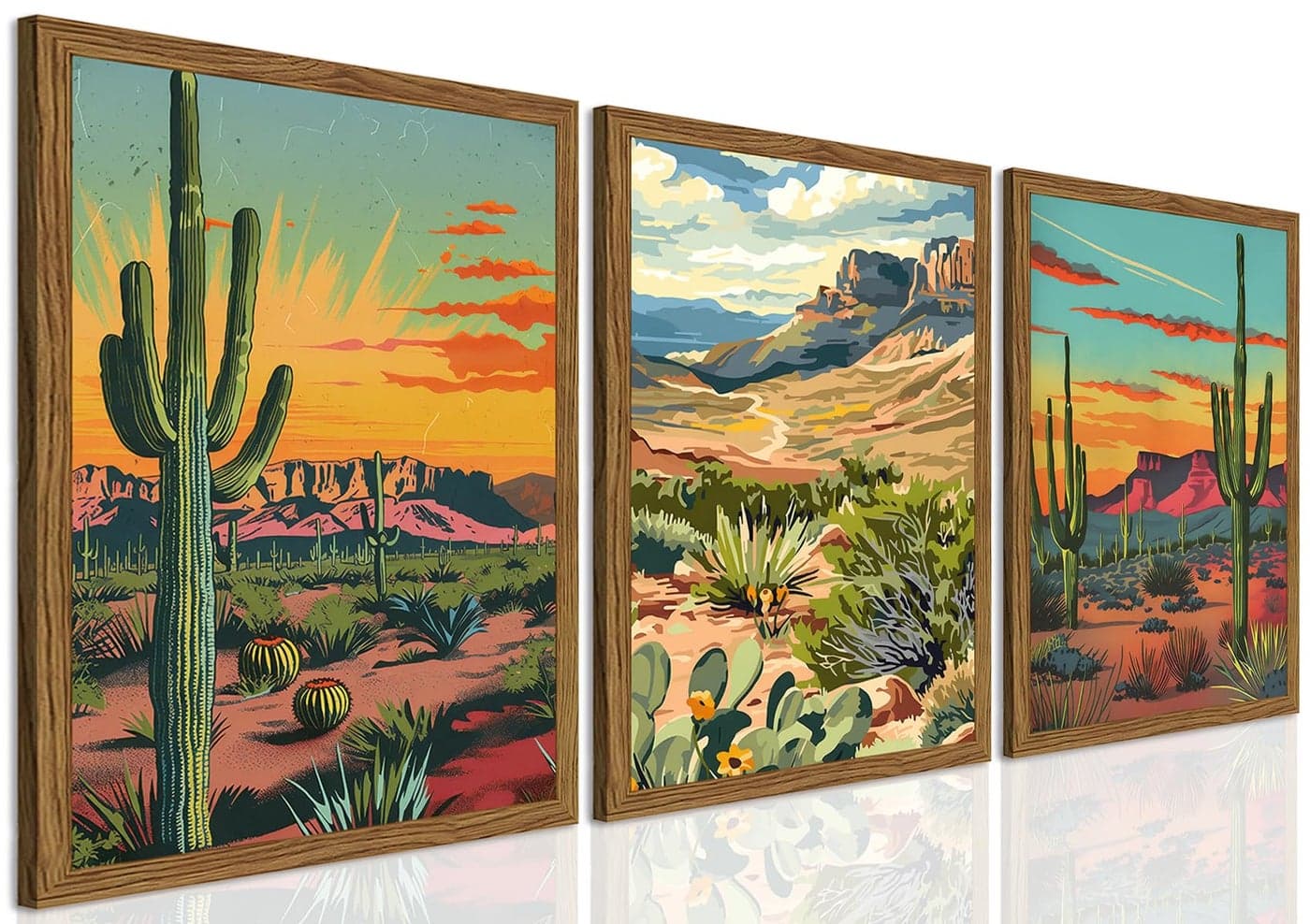 Framed Desert Landscape Wall Art Set of 3, Vintage Mexican Cactus Wall Decor Paintings, Boho Southwestern Mountain Plant Pictures Canvas Prints for Living Room Bedroom Bathroom Office 12x16 inch
