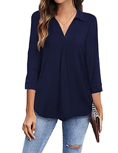 Newchoice Shirts for Women Dressy Casual Hide Tummy, V Neck 3/4 Sleeve Work Blouses Trendy Loose Fit Tunic Tops (Navy Blue, XXL)