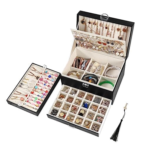 BOOVO Earring Jewelry Box For Women Girl Stud Organizer, 5 Layers Girl Jewelry Organizer Box With Lock Earring Holder Organizer Necklace Ring Jewelry Organizer Box For Girls (Black)