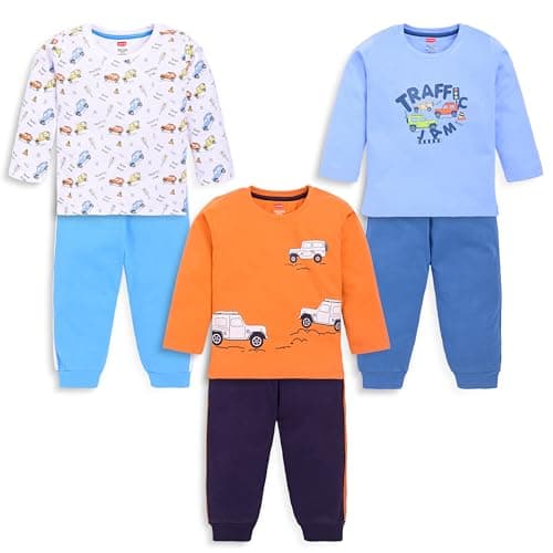 LuvLap Baby Boys Pack of 3 Full Sleeve Printed T-Shirt & Pyjama Set 100% Cotton, L (6 to 12 Months), Multicolor