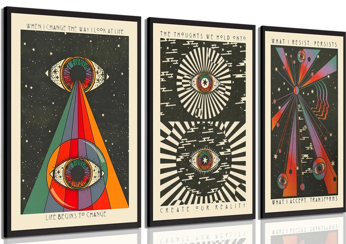 ANVOTIG 3pcs Retro Hippie Wall Art, 70's Psychedelic Eyes Art Posters, Inspirational Quote Canvas Painting Pictures Prints Wall Decor for Bedroom Living Room Apartment Teen Dorm Home 12x16in Unframed