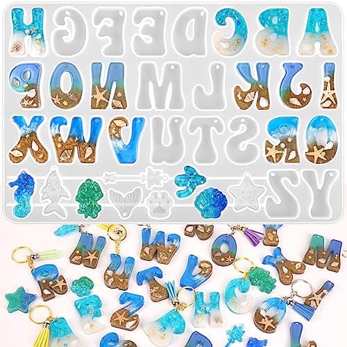 Moukiween Alphabet Keychain Molds with Hole Resin Letter Number Molds for Keychain Jewelry Pendant Making Kit