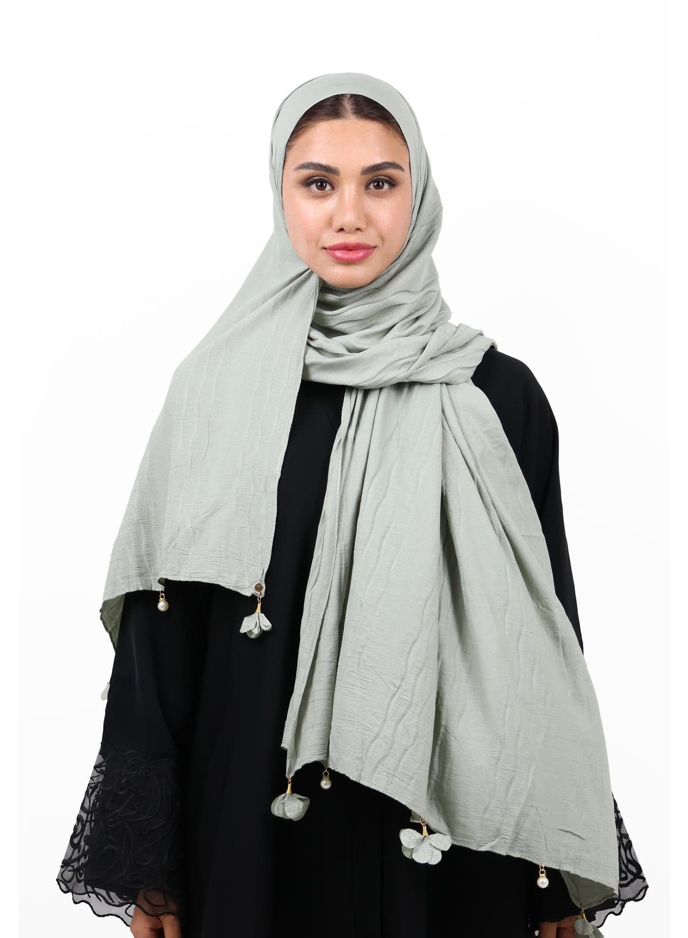 Premium Crinkle Cotton Scarf with Mixed Floral & Pearl Tassels (Sage Green)