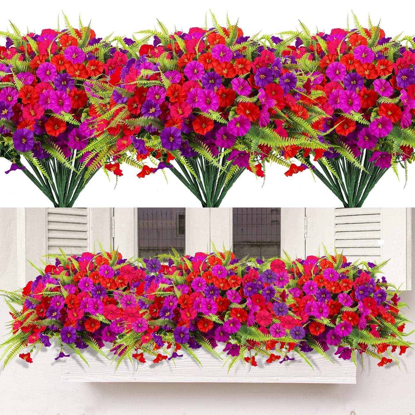 HIAGROW Artificial Flowers Outdoors 12 Bundles Artificial Petunias Fake Flowers UV Resistant Shrubs Plants with Fern for Indoor Outside Hanging Planters Home Garden Summer Decorations