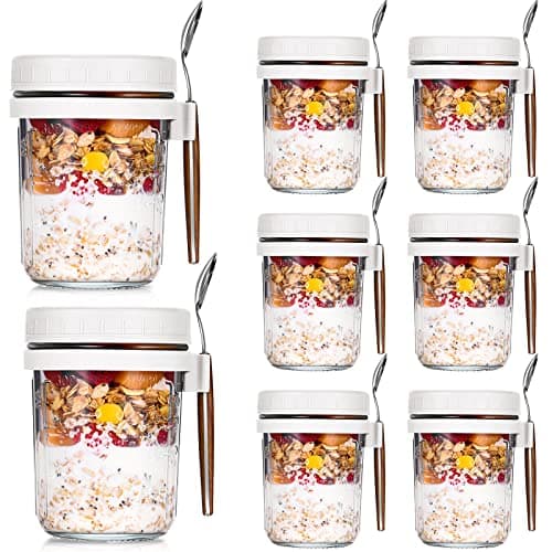 8 Pcs 10 oz Overnight Oats Containers with Lids and Spoons Large Capacity Airtight Oatmeal Overnight Oat Jars with Measurement Marks Oatmeal Container for Milk Cereal Fruit White