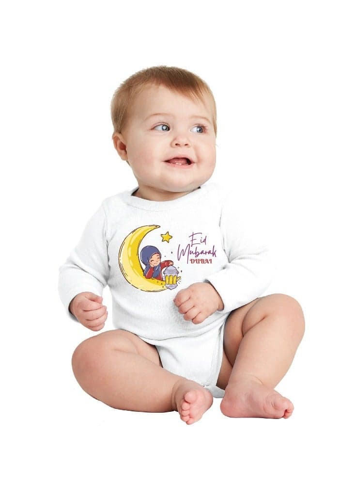My First Eid Dubai Printed Outfit - Romper for Newborn Babies - Long Sleeve Cotton Baby Romper for Baby Girls - Celebrate Baby's First Eid in Style - Gift for New Parents