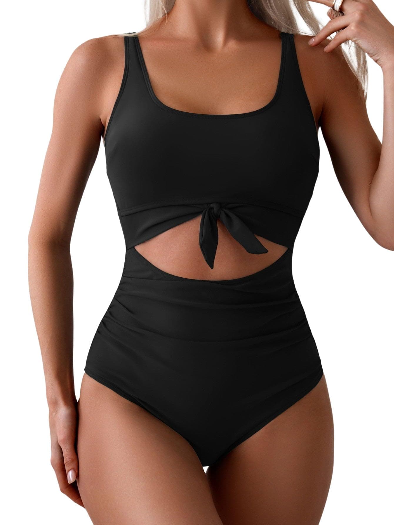 Eomenie Women's One Piece Swimsuit Tummy Control Slimming Bathing Suit Cutout Tie Knot Swimwear Black
