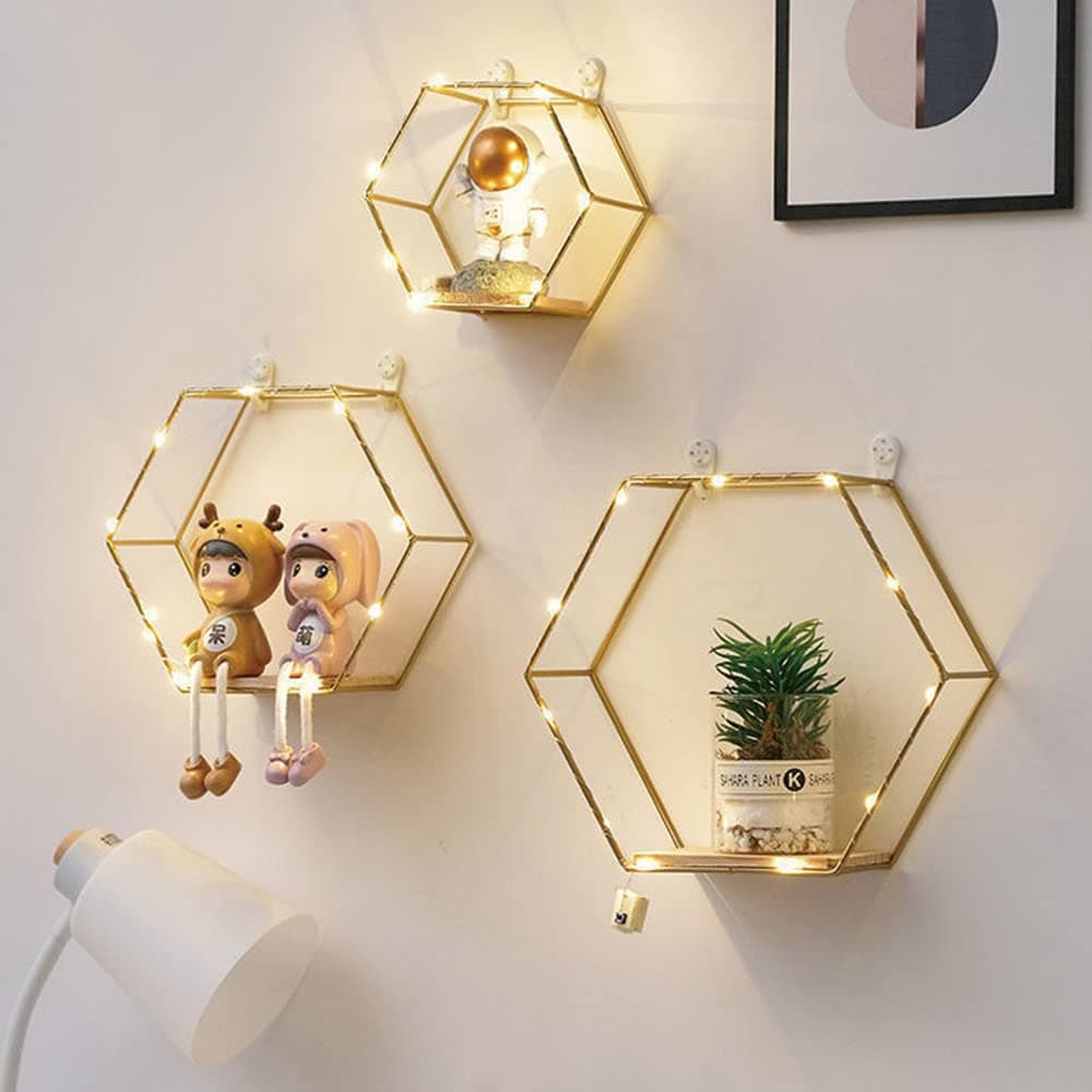 Liywall Hexagon Floating Shelves Wall Decor Gold Metal Wire and Wood Wall Mounted Storage Shelf Home Decorations Art for Bedroom Living Room Kitchen Bathroom Set of 3 with LED Lights