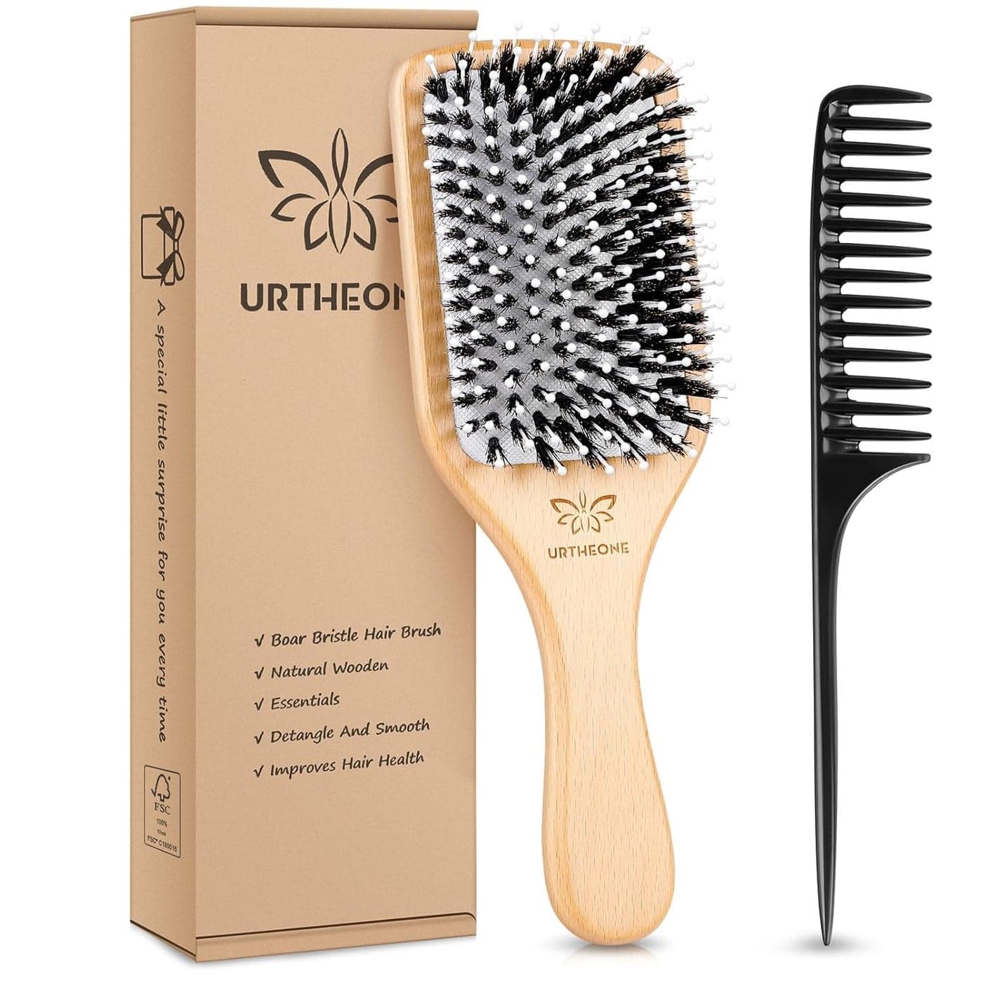 Hair BrushBoar Bristle Hair Brushes and Styling Comb Set for Women Men Kids Best Natural Wooden Paddle Hairbrush for Wet or Dry Hair Detangling Smoothing Massaging