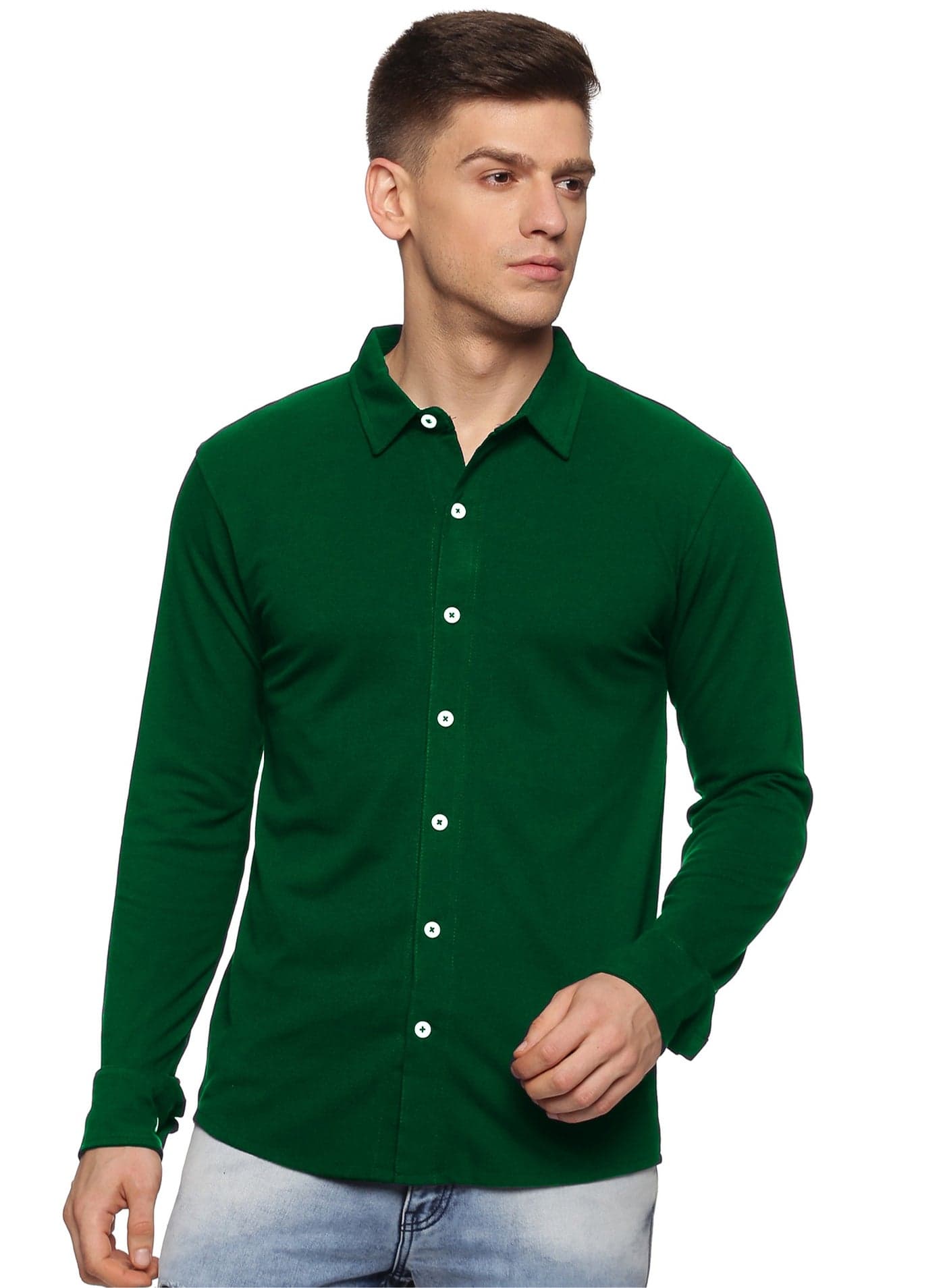 Men's Cotton Solid Knitted Full Sleeves Shirt (Green)
