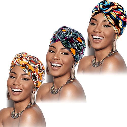 SATINIOR 3 Pieces African Turban for Women Knot Pre Tied Bonnet Beanie Cap Headwrap(Yellow, Black Flower, Purple Flower)