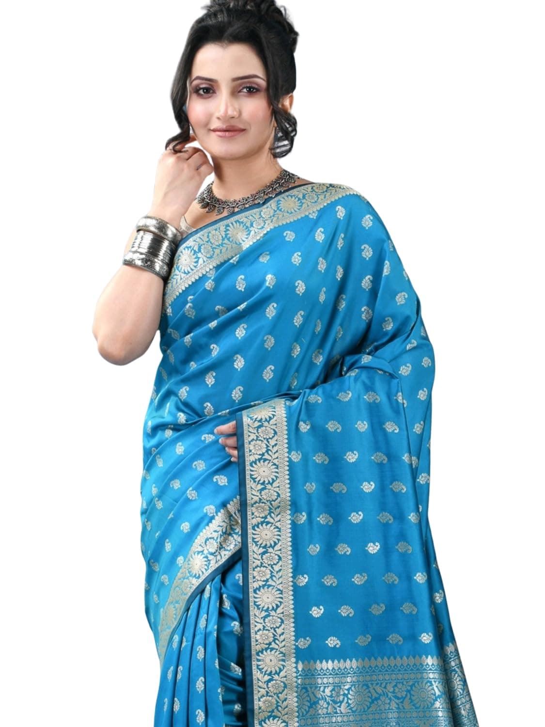 dB DESH BIDESH Women’s Kanjivaram Banarasi Soft Silk Sarees Latest Sarees Party, Wear Saree KolikaSaaj Silk Georgette Banarasi Linen Silk Fancy Chiffon Saree For Women With Blouse Piece (Peacock Blue)
