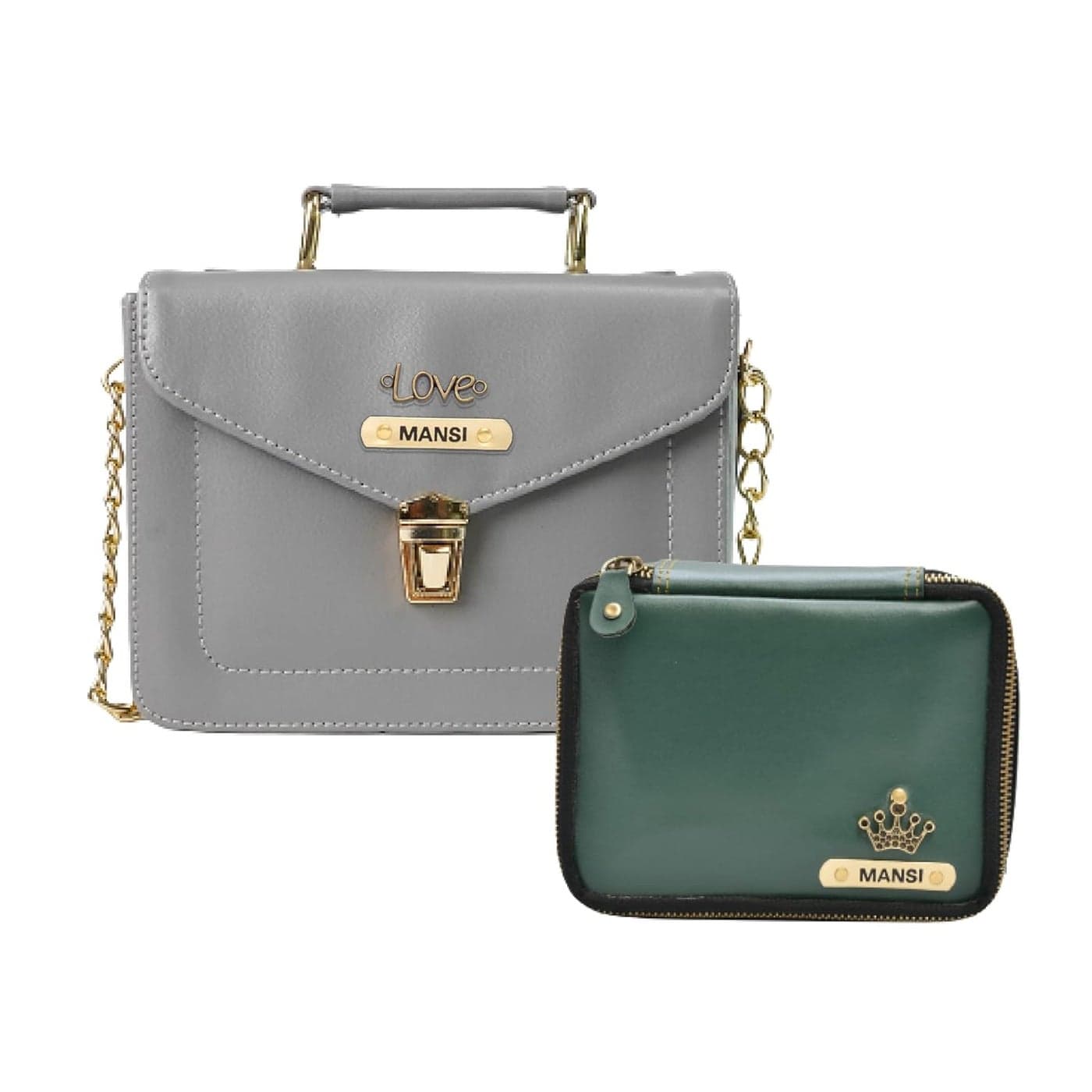 Customized Womens Leather Bag Buttoned Mini Make up kit Grey Olive Green