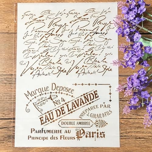 TIAMECH A4 Reusable French Words Stencil for Painting Vintage Script Layering Template DIY Wall Art Wood Furniture Scrapbook Crafts 83x117inch