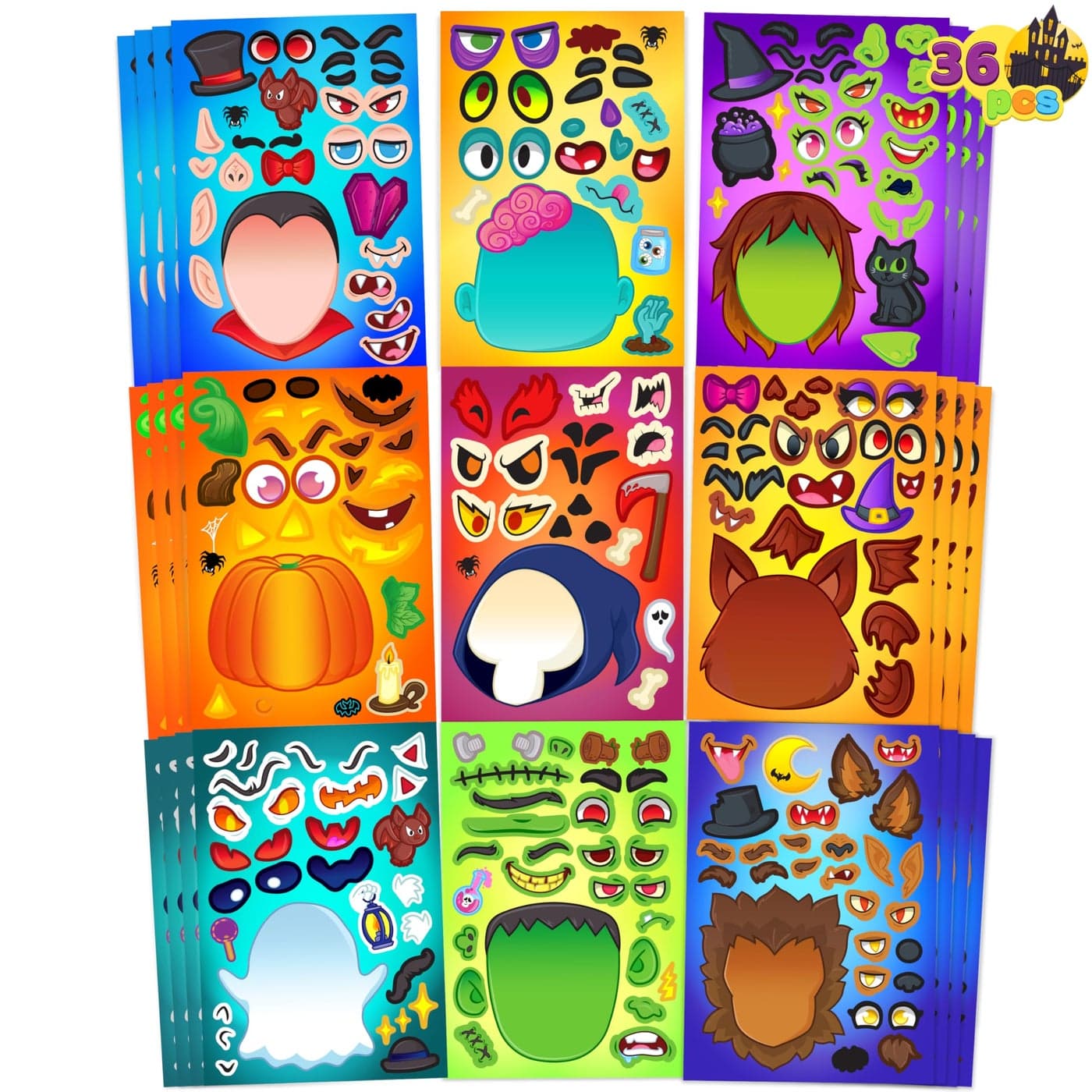 JOYIN 36 PCS Halloween Makeaface Sticker Sheet Kids Party Favor Craft Supplies Make Your Own Characters Stickers with Vampire Witch Frankenstein Ghost Halloween Goodies Class Activities Game