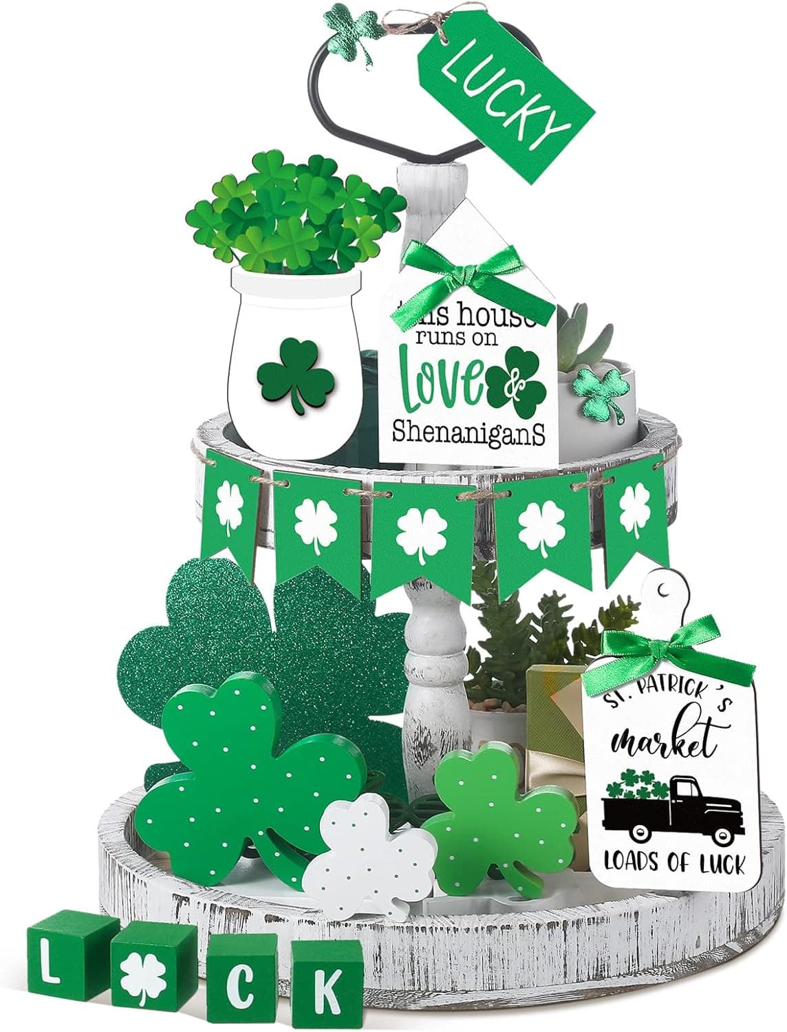 Spiareal 15 Pcs St Patricks Day Tiered Tray Decor Set Luck Shamrock Wooden Signs Irish Decor Saint Pattys Day Table Decoration for Home Tabletop Shelf Party