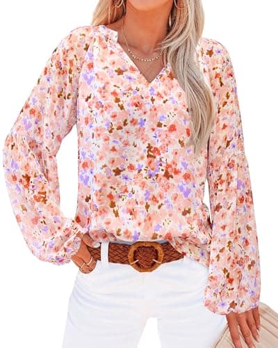 BTFBM Blouses for Women Dressy Casual Floral Boho Tops Trendy V Neck Lightweight Long Sleeve Shirts Fall Clothes 2025(Floral Orange, Large)