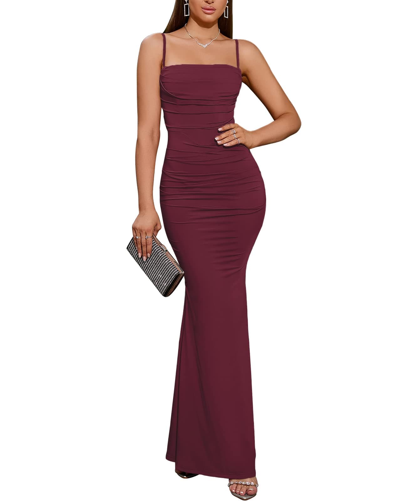 EYNMIN Women's Sleeveless Bodycon Corset Maxi Dress Spaghetti Strap Ruched Elegant Evening Wedding Guest Long Formal Dresses Wine S
