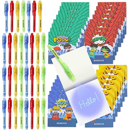 BONNYCO Invisible Ink Pen Notebook Pack 32 Superhero Party Favors Super Hero Party Favors for Kids Goodie Bags Stuffers Pinata Classroom Prizes Return Gifts for Kids Birthday Student Gifts