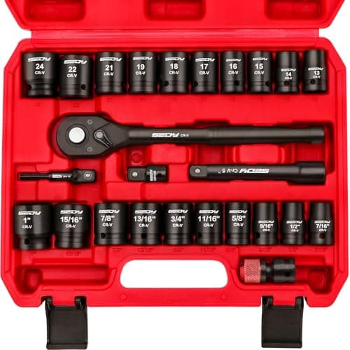 1/2" Drive Socket Wrench Set: 25-Piece SAE & Metric Impact Socket Ratchet Wrench Tool Set Socket Assortment with Storage Box for Repair Mechanic Garage