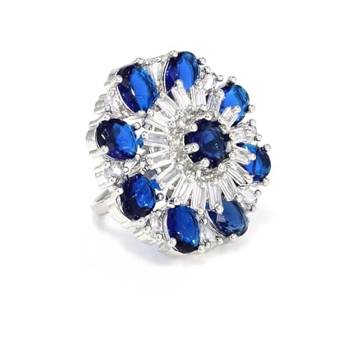 PRIVIU Studio Rhodium-Plated Blue AD Stylish Ring For Women | Adjustable American Diamond Cocktail Finger Ring | Gift For Birthday, Cocktail Party, Wedding