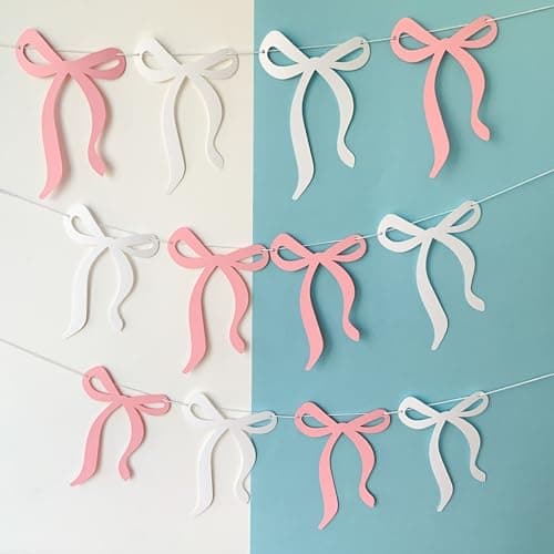 Pinfliers 1st,18th,Teen Pink Birthday Theme Decorations for Girls/Paper Bunting Flags for Decoration, Streamers,Pennants, Bride To Be Banner/Welcome Baby Home/Wall,Backdrop Décor/12 Bows, Ribbon/48 in