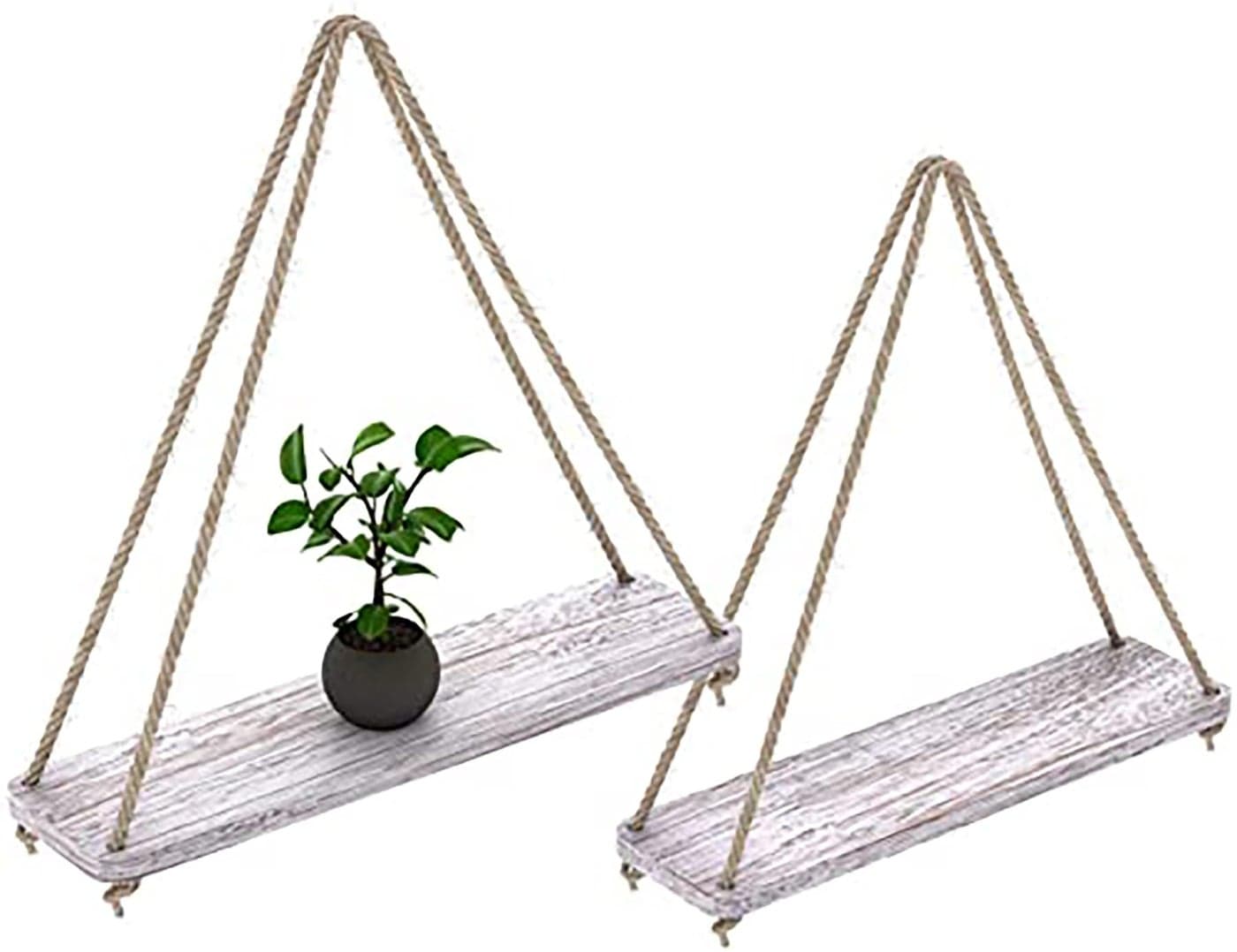 Comfify Hanging Shelves for Wall Set of 2 Rustic Farmhouse Boho Shelves with String 17x52 Thick Distressed Torched Look Real Wood Rustic White