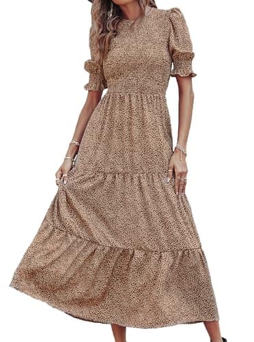 BTFBM Women Casual Summer Dresses 2025 Spring Crew Neck Ruffle Short Sleeve Floral Print Smocked Boho Flowy Maxi Dress(Dot Apricot Brown, Small)