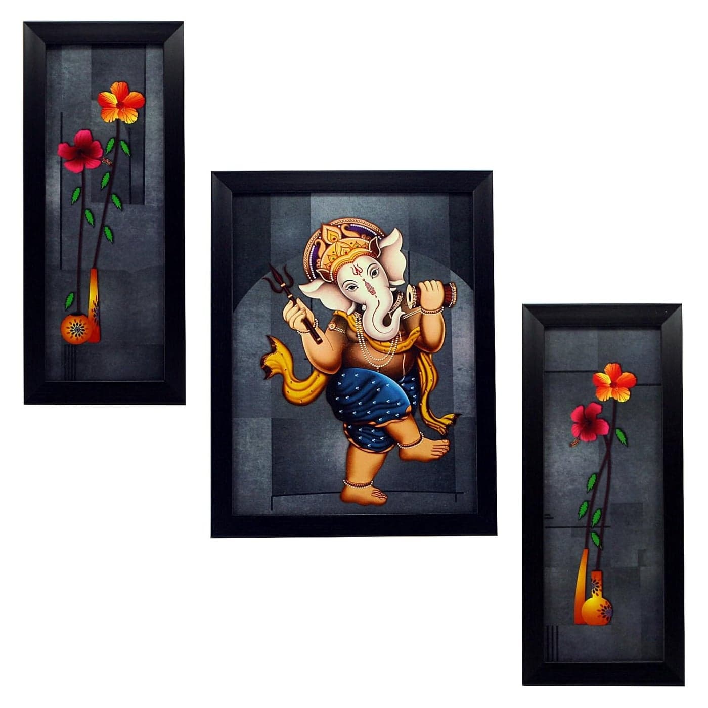 Indianara 3 PC Set of Lord Ganesha Paintings 1164 Without Glass 52 X 125 95 X 125 52 X 125 INCHMulticolour