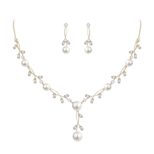 EVER FAITH CZ Crystal Cream Simulated Pearl Floral Vine Filigree Necklace Earrings Set Clear Gold-Plated-Brass