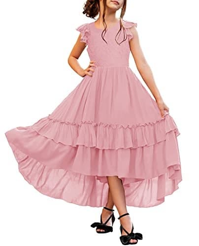 HOSIKA Girls Vintage Floral Lace Boho Ruffle Swing Birthday Party Holiday Flower Girl Dress for Kids 6-12 Years Pink XL