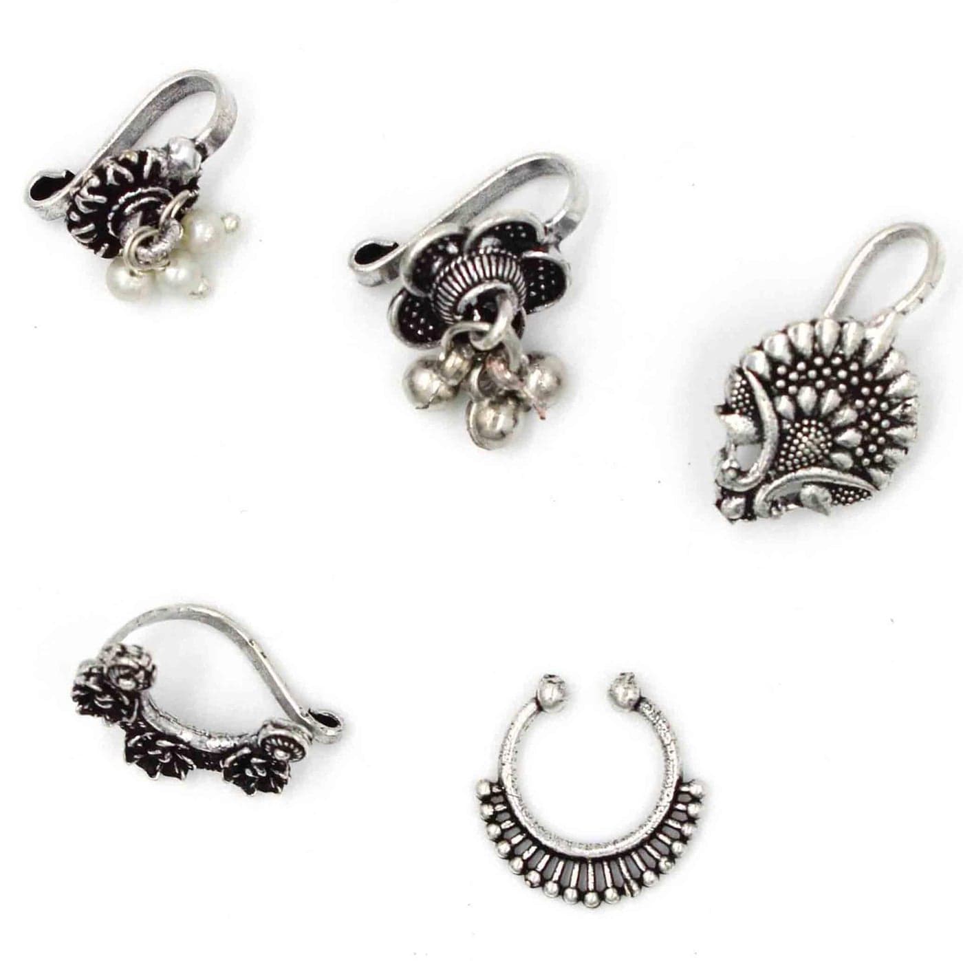 GURJARI JEWELLERS Oxidised Silver-Toned Beautiful Design Colur full Nosepin for Women and Girls(set of 3) (Style 1) (Style 5(Set of 5))